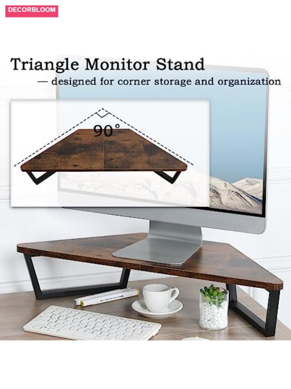 Triangle Corner Monitor Stand Riser with Keyboard Storage, Espresso - Picture 3 of 6